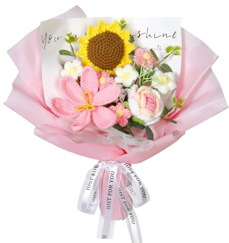 ASTNIC Bouquet de Fleurs Au Crochet, Bouquet de Fleurs Tricoté à la Main Tulipe Tournesol Rose pour la Fête des Mères Anniversaire Saint Valentin Cadeaux de Tricot pour les Mères Amies (rose)