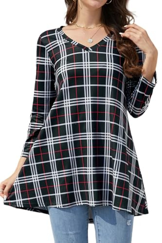 Enmain Blusas de Mujer Elegantes Tallas Grandes Manga Larga Camisetas Cuadros Mujer Holgada Cuello V Casual Túnica Elasticidad Camisas Manga 3/4 T-Shirt Negro 2XL