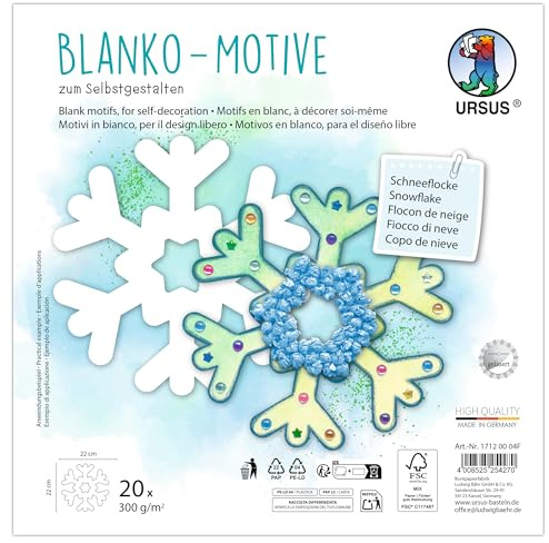 Ursus 1712 00 04F - Motivos en blanco Copo de nieve, 20 piezas de cartón fotográfico de 300 g/m², 22 x 22 cm, papel de bricolaje para colorear, pegar, recortar y autodiseñar