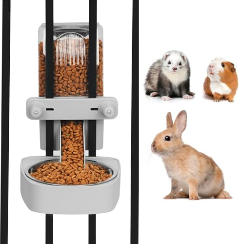 Kenond 55oz Hanging Automatic Rabbit Feeder, 1.6L Large Capacity Gravity Food Dispenser with Stainless Steel Bowl,for Dog, Cat, Ferret & Medium-Small Animals,Fits Widemouth Cages& Wire Cages & Crates