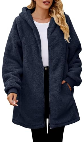 Ladies Long Fleece Jackets Full Zip with Hooded, Warm Teddy Fleece Longline Hoodie with Pockets, Ladies Soft Plush Long Coat for Winter, Outdoor thermal Jackets for Women UK, Cosy Teddy Hoodie