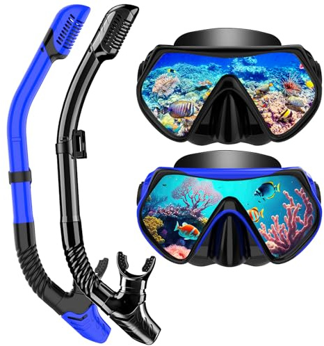 Juego de esnórquel para adultos, con gafas antivaho y tubo seco, máscara de buceo profesional, máscara de buceo de cristal templado para esnórquel (azul y negro)