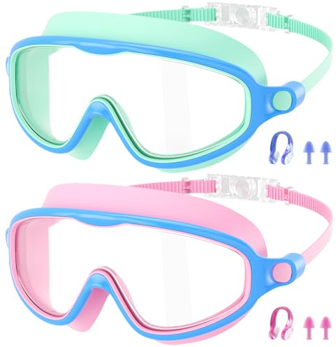 Priksia 2 Pack Kids Swim Goggles, Swimming Goggles for Children and Early Teens from 3 to 15 Years Old, Wide Clear Vision, Anti-Fog, Waterproof, UV Protection, No Leaking