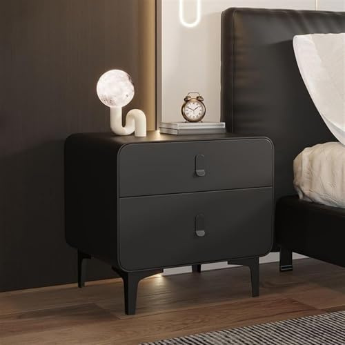 DUY Moderna mesita de noche blanca con 2 cajones, mesita de noche curvada con patas negras, armario de almacenamiento minimalista para dormitorio, sala de estar, elegante mesa auxiliar (negro)