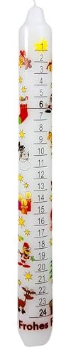 Adventskalenderkerze weiß mit Bild 'Frohes Fest' Größe 25x300mm '24 Tage Kerze' Weihnachtskerze