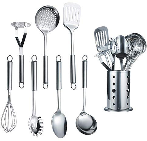 Berglander Utensile da cucina in acciaio inox 7 pezzi con 1 supporto, accordatore intagliato, mestolo, schiumarola, cucchiaio da portata, impasto per server, frullatore di patate, frusta per uova