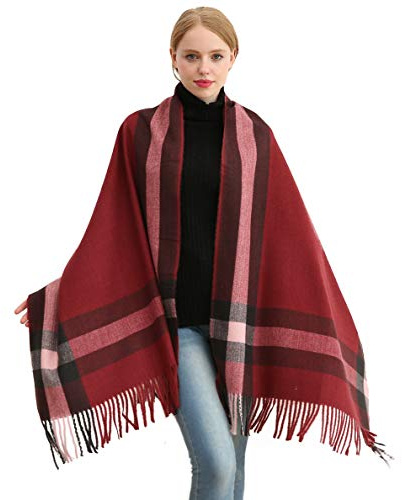 Longwu Bufanda de lana de cachemira suave para mujer Manta y envoltura de pashmina grande Manta de estola cálida Vino rojo*