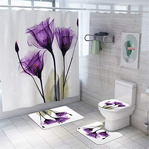 Enhome Juego de 4 Piezas de Alfombra de baño Antideslizante + Tapa de Inodoro + Alfombrilla de baño + Cortina de Ducha, Estampado Floral (Loto)