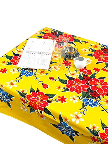 First Choice Vinyls Alux - Waterproof Oilcloth Table Cloth - Wipeable Tablecloths for Picnic - Non-Fading Plastic Table Cover with Better Than Flannel Backing - Hibiscus Yellow (55x70in Oval)