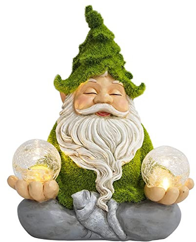 TIN DREAMS FACTORY | Gnomi da Giardino Zen con Luce Solare – Nanetti Decorativo – Nano da Esterno con Bolla Luminosa LED – Decorazione Statua Gnomo Rilassante per Giardino, Patio e Terrazza