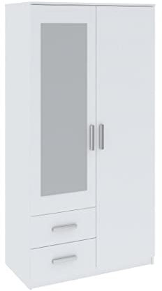 Oggi Saravena Zweitüriger Kleiderschrank mit Zwei Schubladen Breite 100 cm Minimalistisches modernes Design aus Schichtstoffplatte für Wohnzimmer Schlafzimmer Arbeitszimmer Farbe Weiß
