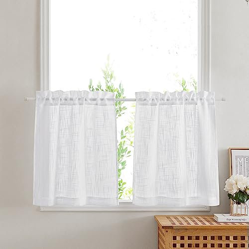 PONY DANCE Tende Bianche Soggiorno Semitrasparenti Effetto Lino Tende a Vetro per Porta Finestra per Cucina Curtains con Tasca Decorazione 2 Pezzi 60x120 CM