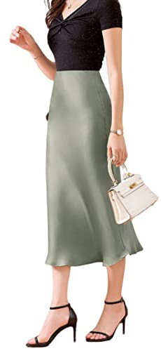 JACTZ Satinrock Seide Satin Röcke Für Frauen Sommer Hohe Taille A Linie Mittellanger Rock Klassischer Büro Glänzende Frauen Langer Rock-Green,S