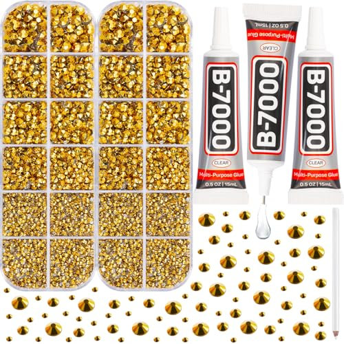 B7000 Gem Glue with 11000Pcs Metallic Gold Rhinestones for Crafts Decoration Clothes Fabric, Bright Gold Flatback Rhinestones for Shoes Tumblers, Flat Back Gluefix Rinestones Bedazzle Kit 2/3/4/5mm