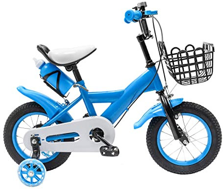 12 Kinderfahrrad Fahrrad Jungen MäDchenfahrrad Rad Bike Unisex KinderfahrräDer StüTzräDer Kinderrad Bicycle StüTzräDern Kinder FahrräDer Verstellbares Bikes Mit Hilfsrad+Becherhalter+Korb (Blau)