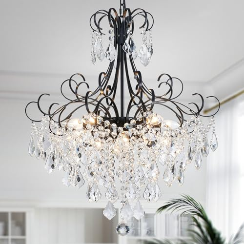 WUZUPS Crystal Chandelier 10-Light Pendant Ceiling Light Modern Lighting Fixture for Dining Room Hallway Bedroom Kitchen Bathroom, H 27.6 x W 22.8, E12 Base, Black