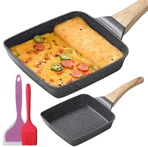 LEKEFETO Padella per Omelette Giapponese, Padella Tamagoyaki con Spatola in Silicone e Pennello, Antiaderente Padella Rettangolare per Frittate Giapponesi, per Tutti i Tipi di Fornelli, Nero