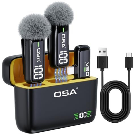 OSA Lavalier - Micrófono para teléfono con funda de carga y transmisor de pantalla digital, juego de 2, para teléfono USB C, grabación, grabación de video profesional, micrófono de solapa (USB tipo C)