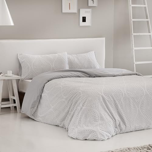 COTTON ARTean Funda Nórdica Cama de 150 Algodón - Poliéster SAJA Gris Funda edredón 240x220 + 2 Fundas de Almohada Cierre con Botones