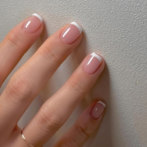 Goiern Lot de 24 faux ongles French Tip Press on Nails, ongles carrés courts blancs avec pointe française, en acrylique rose brillant, réutilisables pour femmes et filles, pour la décoration d'ongles