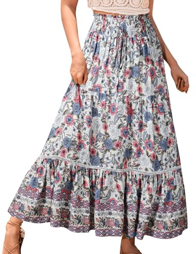 Genfien Dam kjolar elastisk hög midja maxikjolar för kvinnor 2 i 1 vintage maxikjol sommar långa klänningar elegant A-linje strandkjol, Beige+rosa blomma, one size
