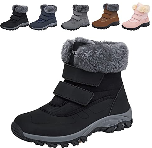 Fadezar Waterproof Walking Ankle Boots Womens Winter Warm Fur Lined Snow Boot Anti-Slip Hiking Outdoor Shoes Black-N 7 UK (Label Size 41)