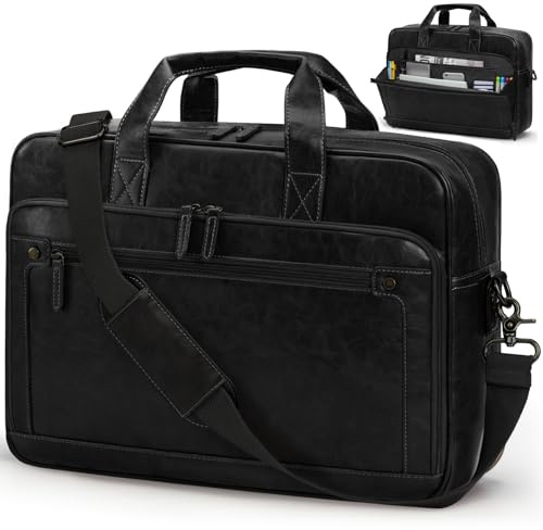 RAINSMORE Messenger Bags for Men Briefcase Waterproof Leather Laptop Bag 16 Inch Vintage Shoulder Satchel Bag for Work Office Business College Black