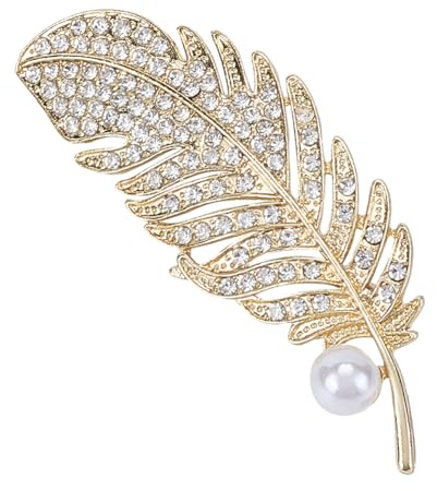 GORGECRAFT Spilla con Piume Dorate Spilla A Foglia con Strass e Lega di Perle di Plastica Vintage Brillante con Diamanti Elegante Spilla da Bavero per Banchetto Festa di Nozze Zaino da Donna Vestiti