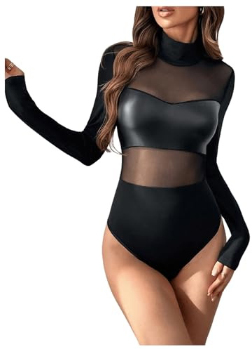 Milumia Women's Pu Leather Contrast Mesh Bodysuit Mock Neck Long Sleeve Leotards Black Medium