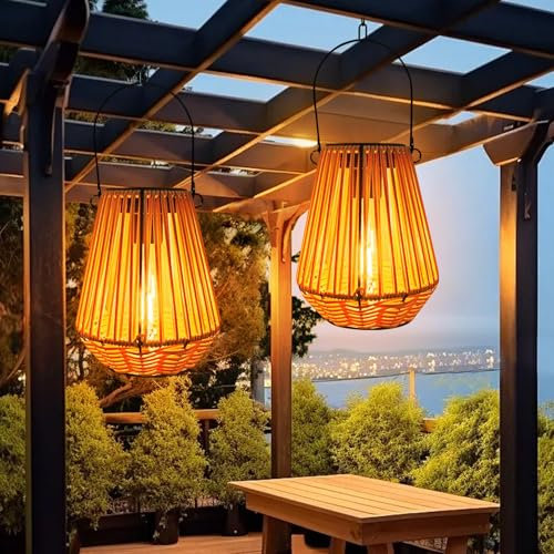 Solarlampen Für Außen, Rattan Lampions Außen Wetterfest IP65 Mit LED Glühbirne, Solarlampen Für Außen Hängend Gartendeko Balkon Deko, Garten Solarleuchten Hinterhöfe Balkon Beleuchtung