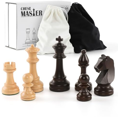 Schachfiguren Holz Set – 32 handgefertigte Turnierfiguren aus Naturholz mit 9,5 cm König– Luxus Staunton Design, inkl. Aufbewahrungsbeutel (ohne Schachbrett)