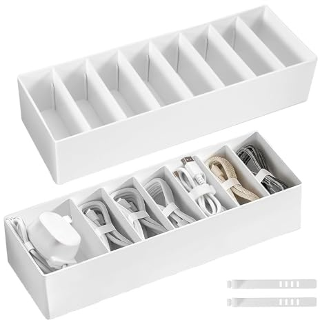 svpfuo 2 Pezzi Scatola Porta Cavi, Custodia per Cavo di Ricarica, Organizzatore Cavi, i Compartimenti Regolabili, Comprese le Fascette, Sono Adatti per Riporre Cavi di Ricarica, Batterie e Altro