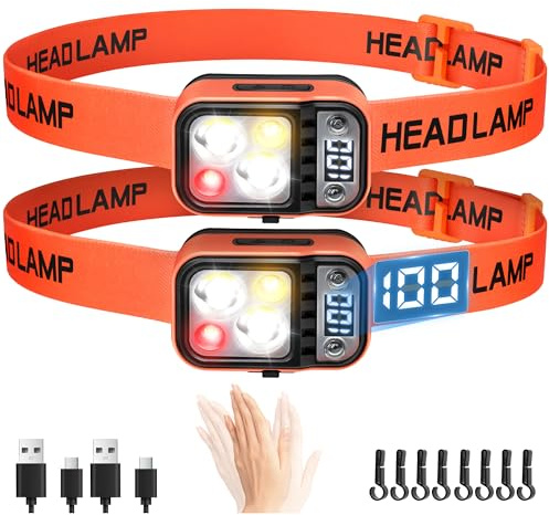 DARKBEAM Lampada Frontale Luce Testa LED Ricaricabile USB Alto Lumen, Lampada da testa per Casco con Sensore di Movimento, Display digitale, Torcia Frontale Impermeabile per Campeggio, Jogging, 2 Pack
