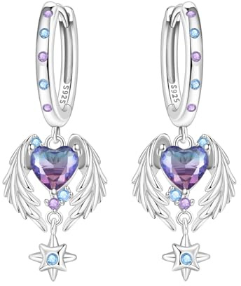 CYMYSS 925 Sterling Silver Dangle Earrings for Women, Small Hypoallergenic Hoop Earrings Trendy huggie Earrings Drop Jewelry Gifts for Sensitive Ears - Love & Angel