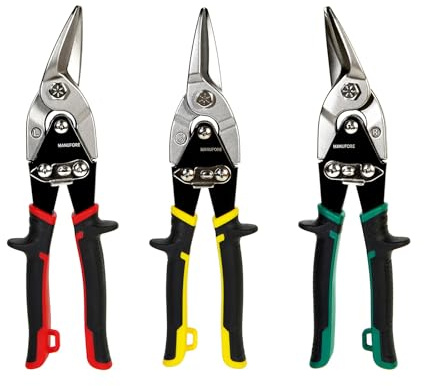 MANUFORE Kit de 3 Cisaille à Tôle Aviation 250 mm Coupe Droite Gauche | Acier CR-V, coupe droite, gauche et rectiligne, pour tôle acier, placo, atelier, toiture et bricolage.