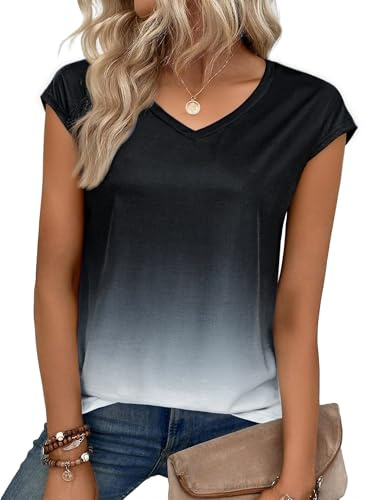 Aottori Womens Summer T Shirt V Neck Tie Dye Print Loose Stretch Soft Tunic | Short Sleeve Design V Neck Detail Gradient Print Soft Feel Stretch Fabric Loose Fit Shape Tunic Shape for Summer Casual Wear