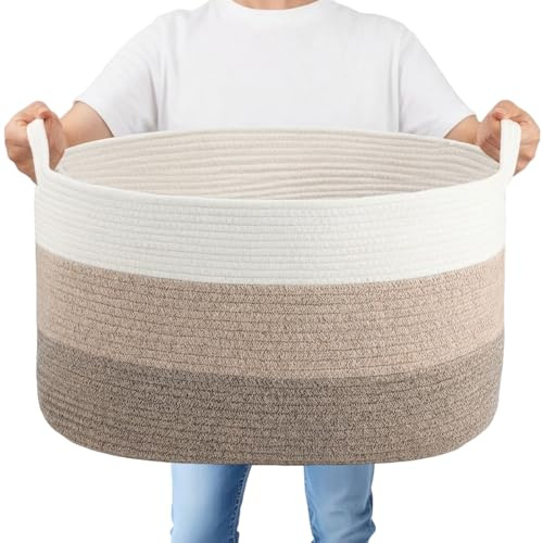 Dntorx 60L Large Cotton Rope Laundry Baskets With Handles, White & Brown | Foldable Woven Storage Basket, 55 x 38 x 30 CM, Soft Cotton Rope, Durable for Laundry, Toys, Blankets, Bedroom, Nursery, Dorm