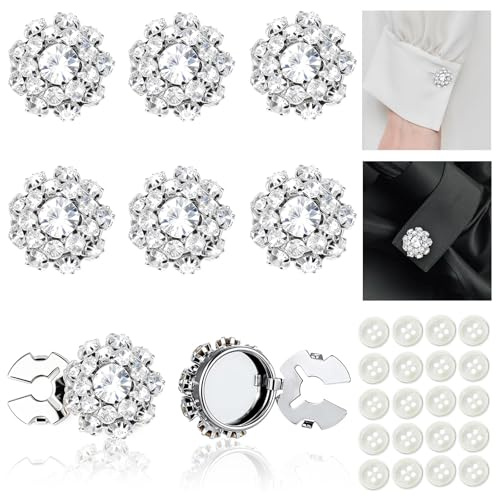 26 Pcs Button Covers for Women Blouses, Detachable Rhinestone Buttons with 20 Sewing Buttons, Elegant Button Covers Clip On, Ideal for Jeans Shirts Suit DIY Clothing (Silver)