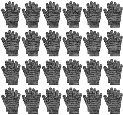 Cooraby 24 Pairs Kids Gloves Winter Magic Gloves Warm Knitted Stretchy Full Fingers Gloves (Black and gray, 6-11 Years)