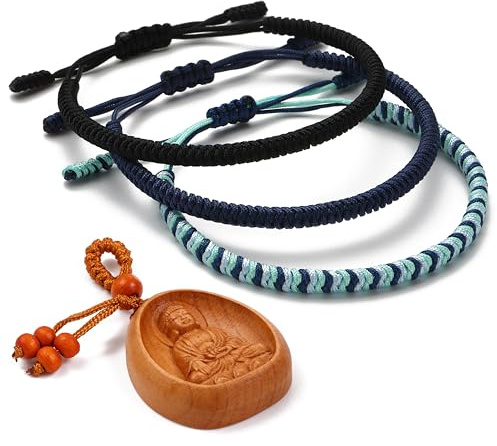 LUCKY BUDDHIST - 3 tibetanska lyckliga armband + buddhistisk gåva! - Handgjorda. Justerbar till din handled. För män och kvinnor. Vänskapsarmband av flätat tyg