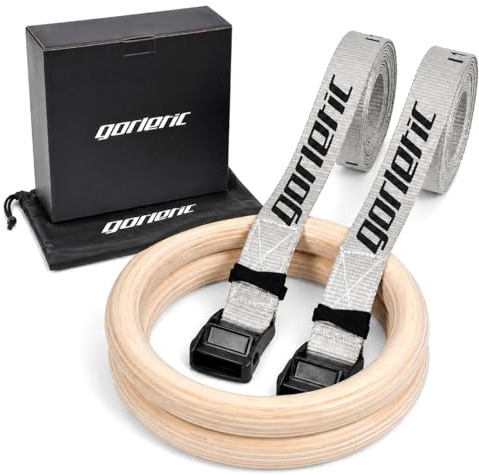 Gorletic Gymnastikringar i trä, 28 mm, 32 mm tjock, 4,5 m, förstärkt och märkt rem – professionell kvalitet