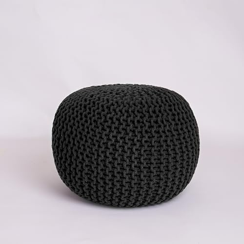 EXQUIZIT HOME Taburete redondo de punto otomano – Puf grande 100% algodón grueso tejido a mano con relleno de cuentas de poliestireno – Reposapiés suave y cómodo y asiento ocasional, 50 cm (negro)