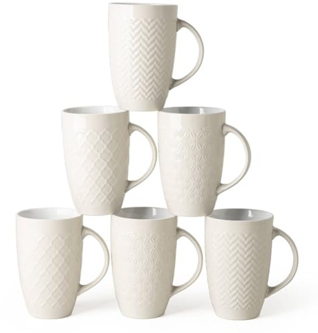 AmorArc Extra Large Coffee Mugs Set of 6, 20oz Ceramic Tall Coffee Mugs Set with Textured Geometric Patterns for Coffee/Tea/Beer/Hot Cocoa, Dishwasher & Microwave Safe,Beige