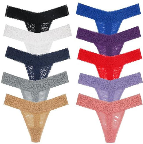 Deigecil Perizoma Donna Pizzo Multi-Pack T Back Mutande Tanga String Pluse Size, Pacco da 10 Colore e Motivo di Pizzo Assortiti
