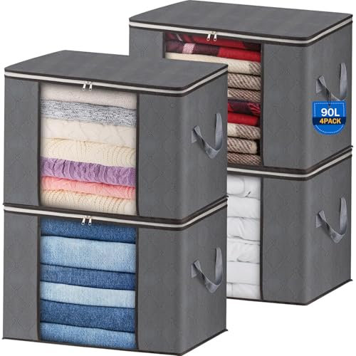 AIOR 4 Stück 90L Groß Aufbewahrungstasche, Faltbare Unterbett Kleideraufbewahrung Schrank Organizer Set, für Bettwäsche, Kleidung, Decken, Kissen Quilt Saison Artikel Lagerung, 60x40x35cm