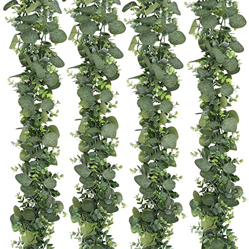 SOMYTING Eukalyptus Girlanden Künstliche Gemischte Eukalyptus-Blätter Ranken grüne Girlande hängende Pflanzen für Bauernhaus Tischdekoration Kaminsims Hochzeit Bogen Hintergrunddekoration (4 Stück)