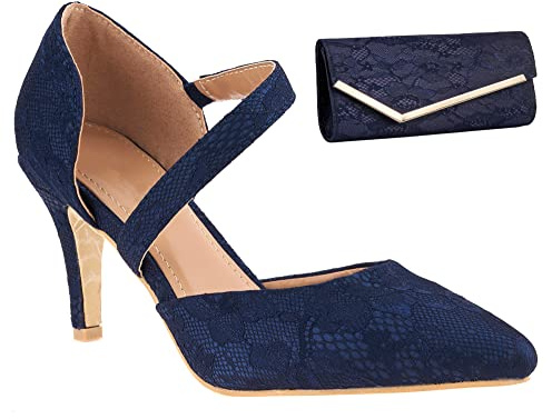 SB0503 Women's Navy Blue Lace Mid Heel Pointed Toe Strappy Court Shoes with Matching Clutch/Shoulder Bag (Navy Blue, UK_Footwear_Size_System, Adult, Women, Numeric, Medium, Numeric_6)