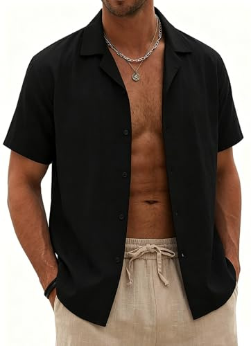 Halfword Uomo Camicia Lino Manica Corta Estiva Casual Risvolto Cotone Hawaiian Tinta Unita Vacanze Beach Nero L