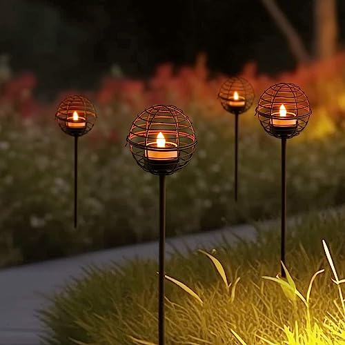 Solar Pathway Lights Outdoor, Rust Iron Ball Candle Holder Stake with Flickering Solar Powered Tea Lights, Perfect Decorative Garden Lighting for Yard Lawn Patio Landscape Decor Outside-4Pack
