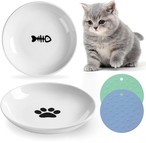 Fykazuha Katzennapf Keramik 2 Stück futternapf Katze flach rutschfest Erleichterung von Whisker Müdigkeit Katzen näpfe mit 2 antirutschmatte katzenfutter schüssel